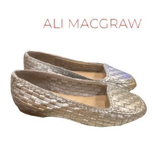 Ali MacGraw Exxtra Women's Woven Silver Metallic Leather Loafers Flats 7.5